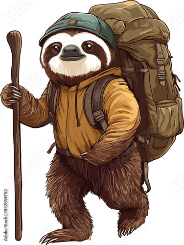 sloth adventure, equipped with a backpack and walking stick, vector