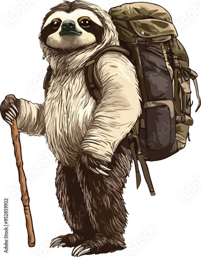sloth adventure, equipped with a backpack and walking stick, vector