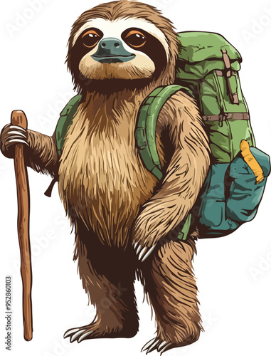 sloth adventure, equipped with a backpack and walking stick, vector