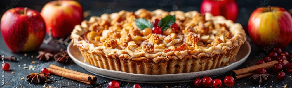 Apples and cinnamon sticks are scattered around a pie on a plate, food background, banner, copy space Apples and cinnamon sticks are scattered around a pie on a plate, food background, banner, copy space