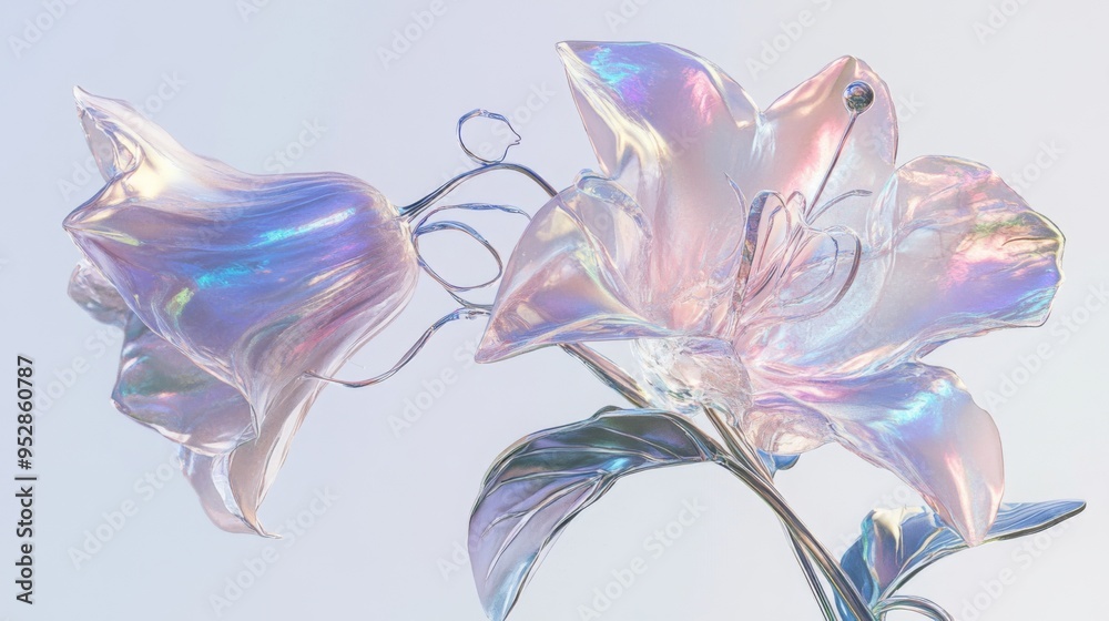 Chrome liquid metal lily flower. 3D render, modern design. Isolated holographic futuristic floral icon. Y2K, brutalism retro futurism concept. Chrome liquid metal lily flower. 3D render, modern design. Isolated holographic futuristic floral icon. Y2K, brutalism retro futurism concept.