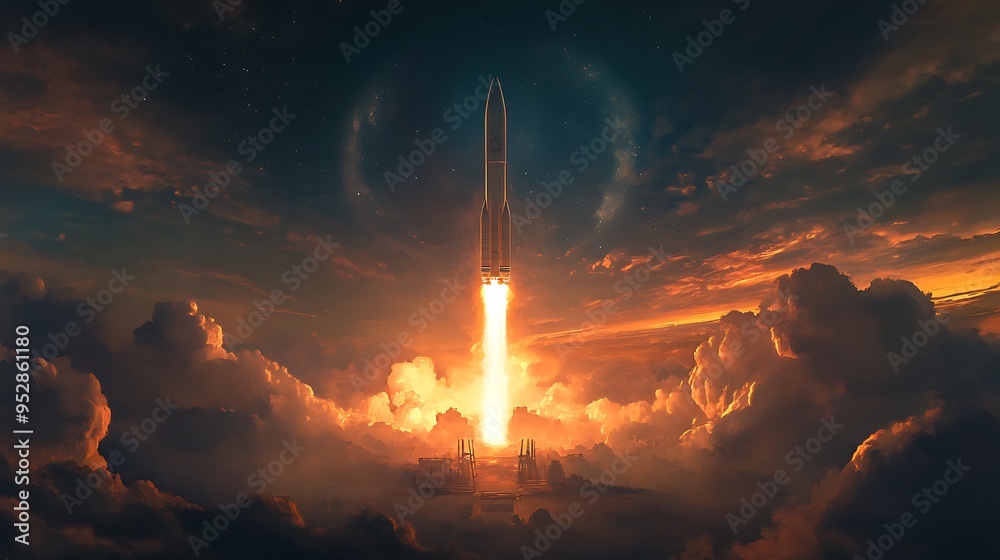 Naklejka premium A Rocket Launches Through Dramatic Clouds During Sunset