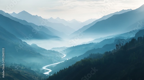 A serene mountain valley at sunrise, with layers of mist, a river winding through the landscape, and the first light hitting the peaks