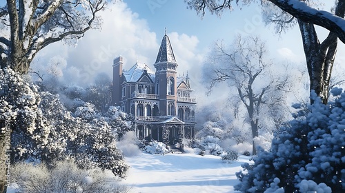 Snow-Covered Victorian Mansion in a Wintery Forest