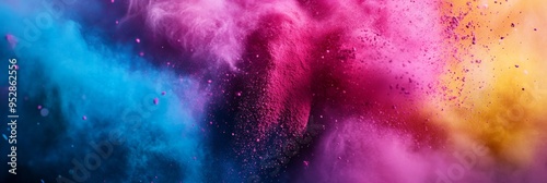 A burst of powdered color fills the air, displaying an explosion of vibrant shades. The vivid pink, blue, and yellow create an energetic atmosphere that captivates the viewer photo