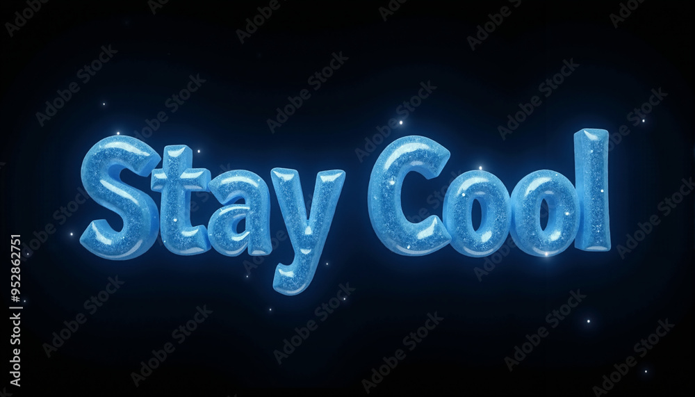 Obraz premium Stay Cool in blue sparkling 3D text on a black background, surrounded by small white dots, creating a cool and inviting atmosphere.