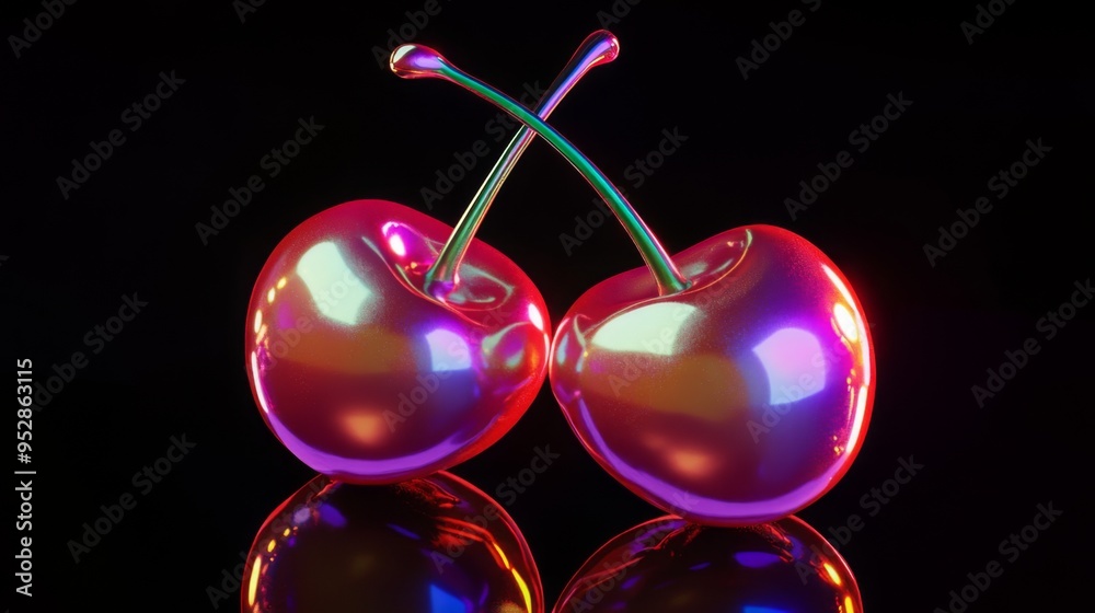 © Ksenia - Chrome liquid metal cherry. 3D render cherries, modern design. Isolated holographic futuristic floral icon. Y2K, brutalism retro futurism dessert food concept. © Ksenia - Chrome liquid metal cherry. 3D render cherries, modern design. Isolated holographic futuristic floral icon. Y2K, brutalism retro futurism dessert food concept.
