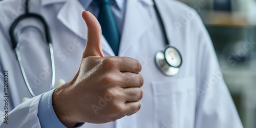 A doctor in a white coat with a stethoscope gives a thumbs up in the background of the clinic