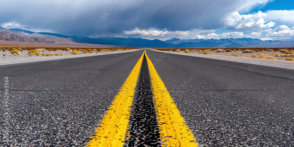 Naklejka premium an open road stretching into the distance with a single motorcycle track imprinted on it, symbolizing the journey ahead