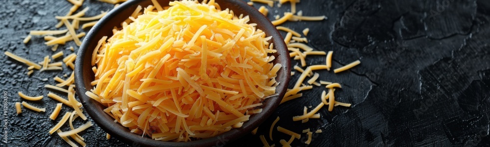 Fototapeta premium Wooden spoon filled with shredded cheese on a black surface, food background, banner, copy space