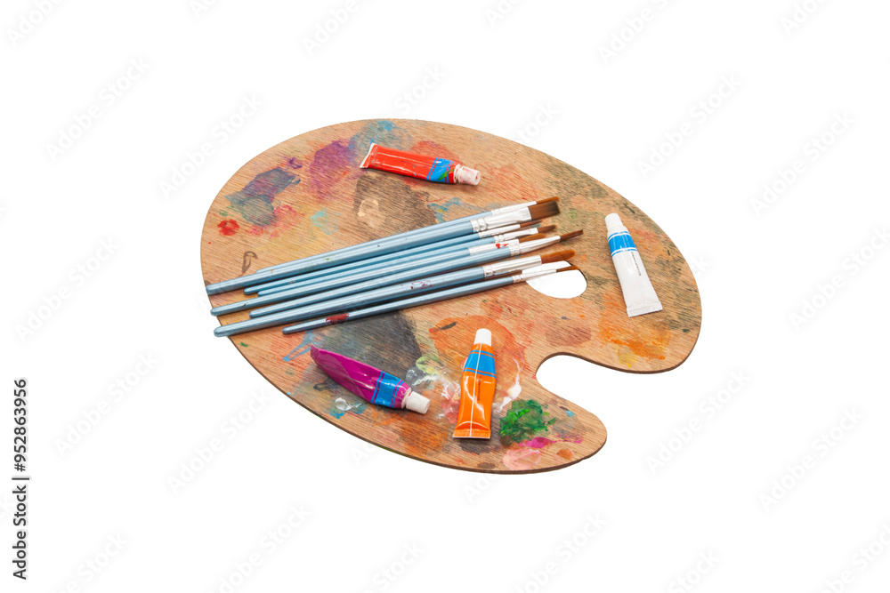 Artistic wooden palette with colorful paints and brushes for creative activities. Horizontal. PNG Artistic wooden palette with colorful paints and brushes for creative activities. Horizontal. PNG