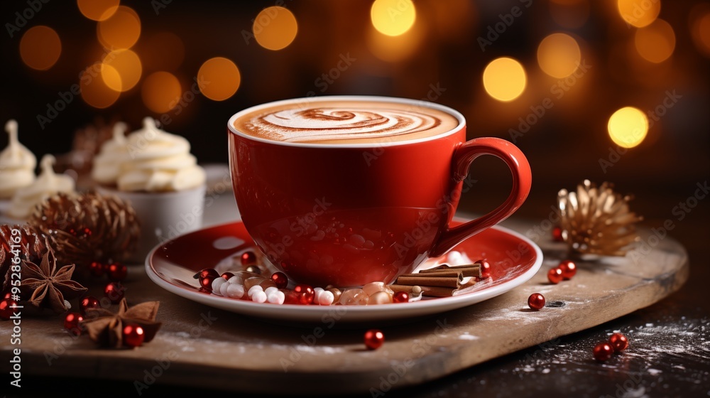 Holiday Warmth with a Red Coffee Cup Surrounded by Festive Cheer, Winter hot tchokolate in a christmas cup. Holiday Warmth with a Red Coffee Cup Surrounded by Festive Cheer, Winter hot tchokolate in a christmas cup.