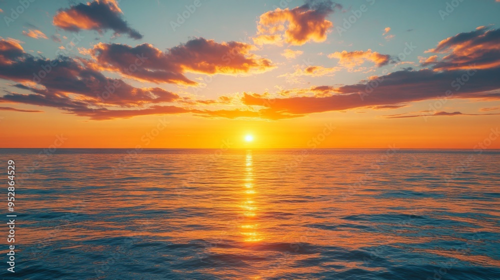 Fototapeta premium A breathtaking golden sunset over calm ocean waters, with vibrant clouds reflecting warm hues across the sky and sea