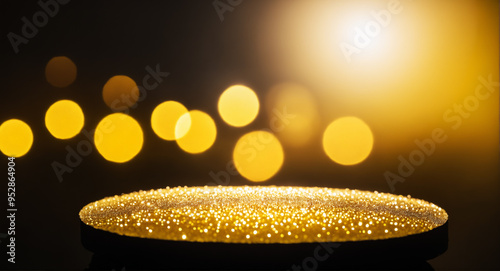 Golden glitter encircles over blackness forming an aura; best for luxury ads. photo