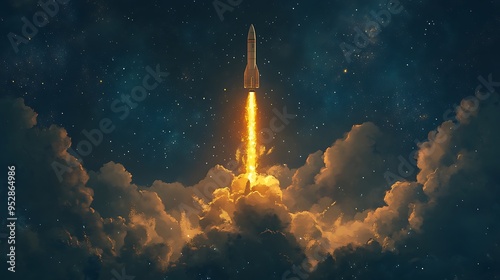 A Rocket Launches Through the Night Sky with a Trail of Fire