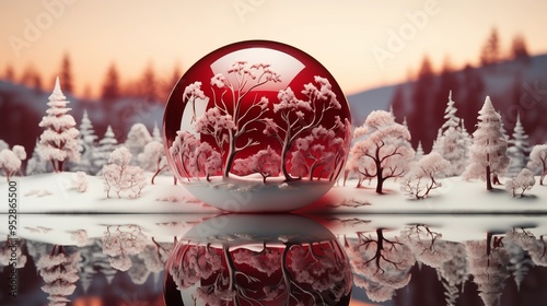 ornate rubyred glass bauble reflecting a winter wonderland scene suspended against a pristine white backdrop. photo