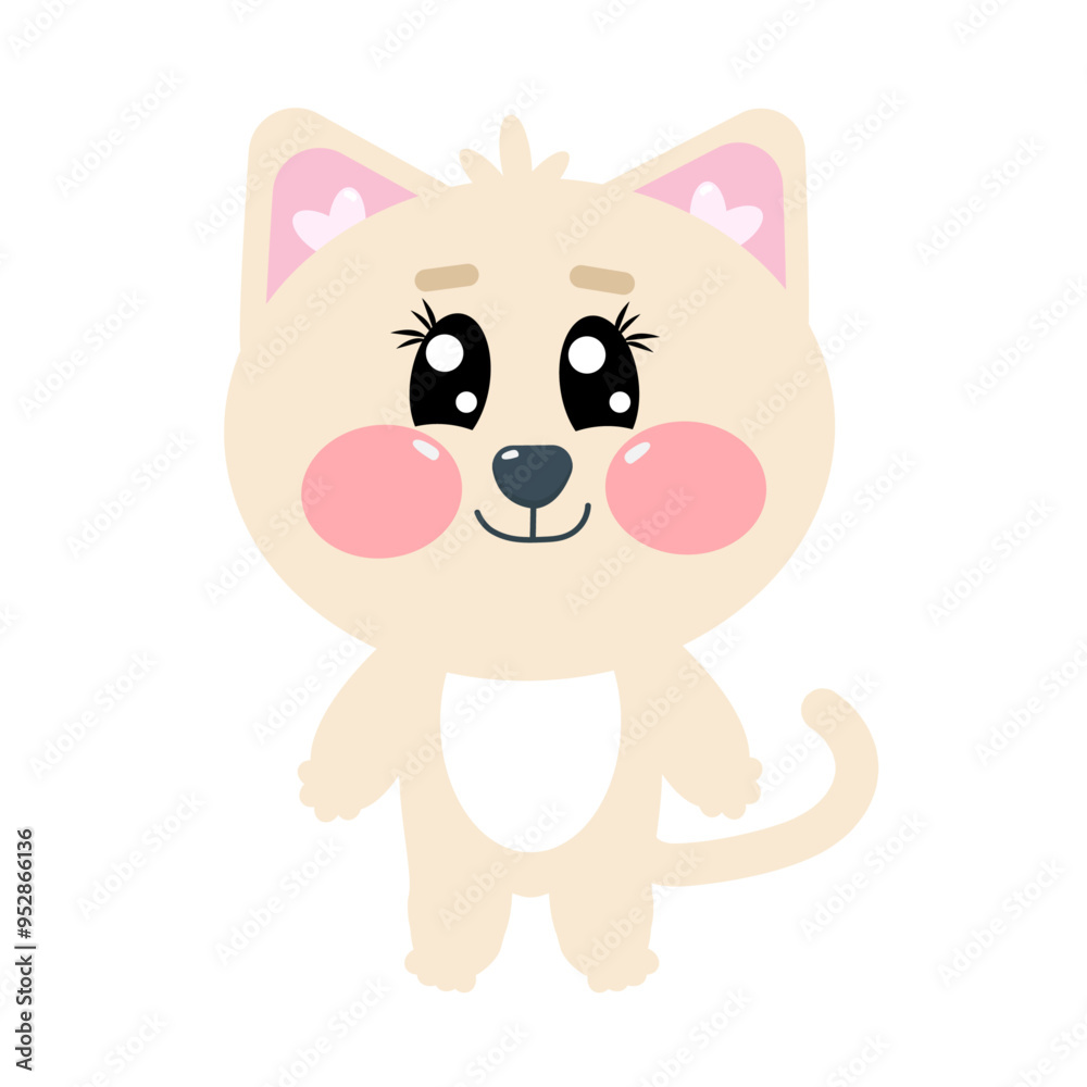 Fototapeta premium Kawaii cute cat, kitty, kitten beige in full height for children isolated on white background