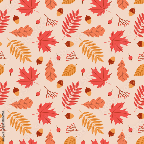 Seamless pattern with autumn leaves, acorns and oak leaves. Perfect background for wallpaper, gift paper, pattern fills, textile, fall greeting cards. Vector illustration