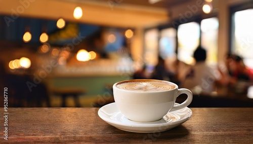 Cup of cappuccino with blur coffee shop background 