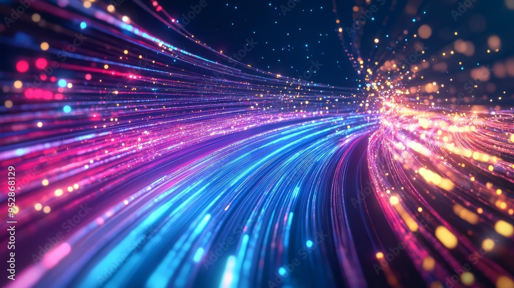 A vibrant light display on a dark blue background, showcasing speed waves and bright glows, symbolizing fast digital data transfer through fiber optic technology. A vibrant light display on a dark blue background, showcasing speed waves and bright glows, symbolizing fast digital data transfer through fiber optic technology.