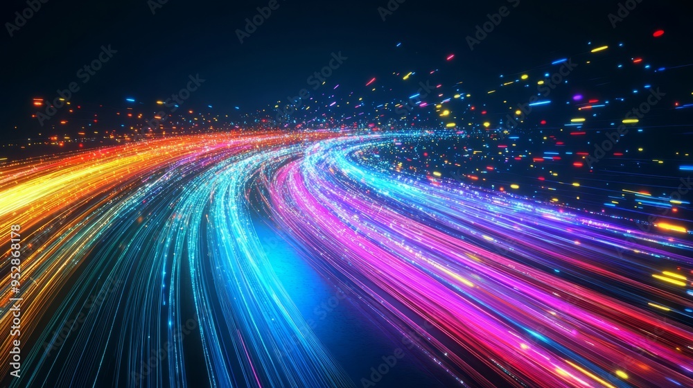 A vibrant light display on a dark blue background, showcasing speed waves and bright glows, symbolizing fast digital data transfer through fiber optic technology. A vibrant light display on a dark blue background, showcasing speed waves and bright glows, symbolizing fast digital data transfer through fiber optic technology.
