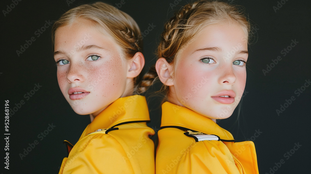 portrait of two female caucasian twin children portrait of two female caucasian twin children
