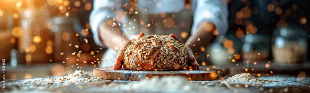 Someone is cutting bread with a knife on a cutting board, food background, banner, copy space Someone is cutting bread with a knife on a cutting board, food background, banner, copy space