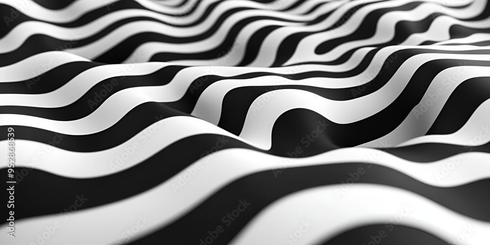 Wavy black and white fabric pattern creating a rhythmic visual illusion under soft light