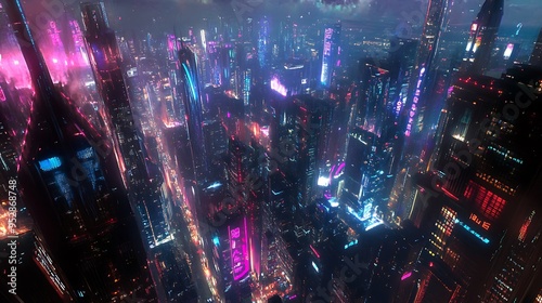 A Futuristic Cityscape Illuminated by Neon Lights at Night