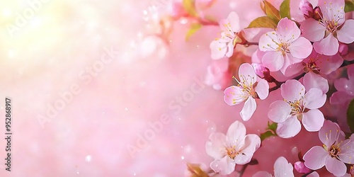 Pink cherry blossoms glowing in the soft light of sunrise, creating a serene and enchanting scene.