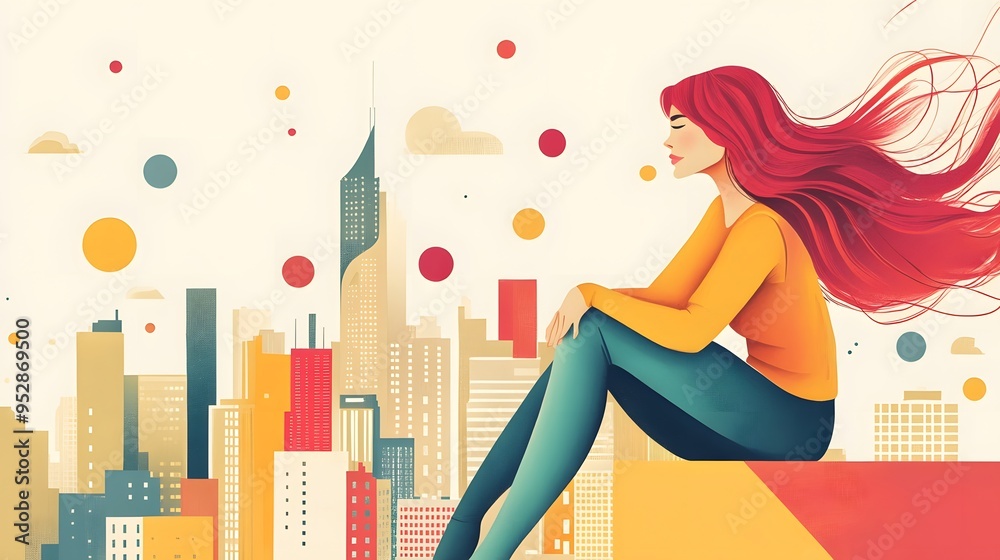 Woman with long flowing red hair standing on a rooftop overlooking a city skyline Woman with long flowing red hair standing on a rooftop overlooking a city skyline