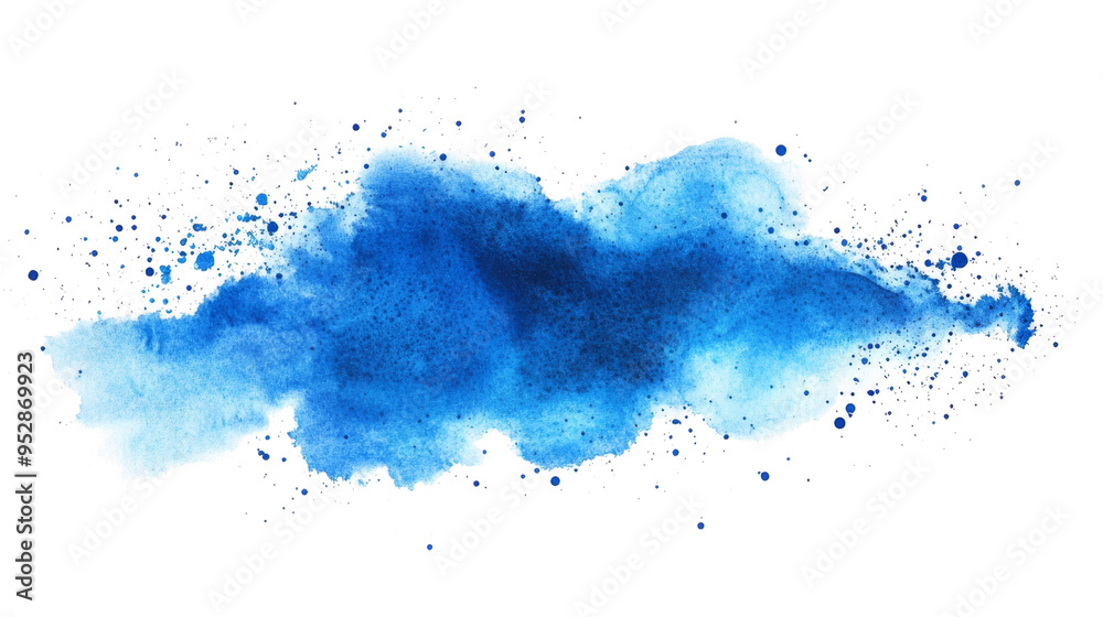 Fototapeta premium Azure PNG watercolor wash illustration. A vibrant blue watercolor splash on white canvas. Deep cerulean hues bleed outwards, their intensity gradually softening into wispy, cloud-like shapes