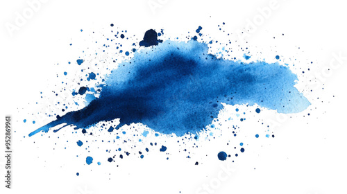 Azure PNG watercolor wash illustration. A vibrant blue watercolor splash on white canvas. Deep cerulean hues bleed outwards, their intensity gradually softening into wispy, cloud-like shapes