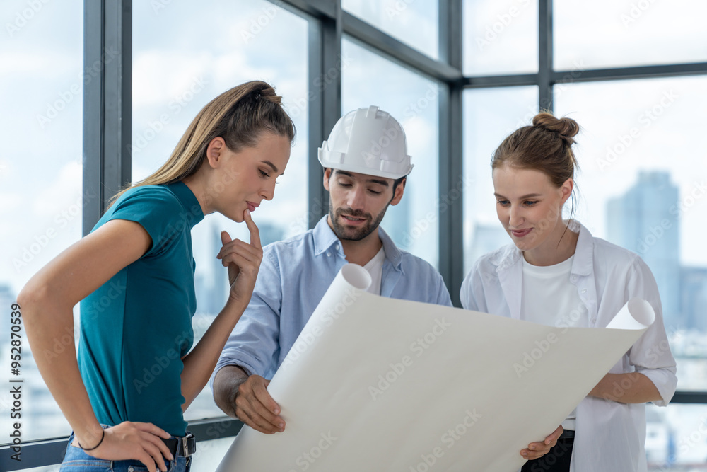 Group of architect engineer looking at project plan while brainstorming idea about building structure. Manager team discuss about building construction while standing near with city view. Tracery.