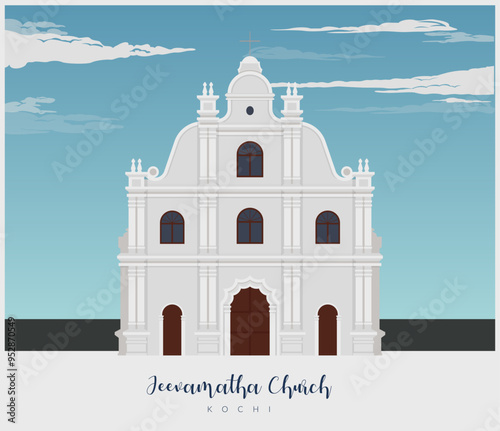 Jeevamatha (Our Lady Of Life) Roman Catholic Church Mattancherry - Kochi - Stock Illustration