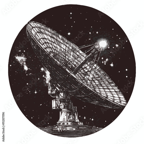 A detailed vector illustration of a SETI antenna scanning the cosmos for signals, ideal for astronomy, space exploration themes, and science communication projects.