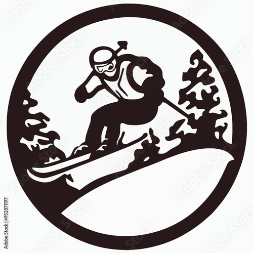 A dynamic vector logo of a skier speeding down steep slopes, perfect for winter sports branding, ski equipment, competitions, or representing skiing-related businesses and events.