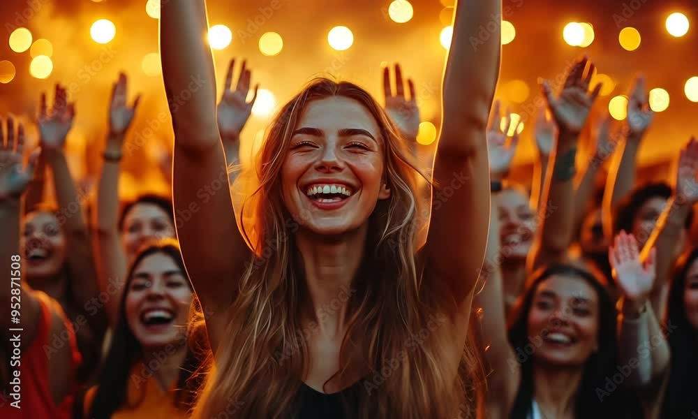 Young woman smiling with arms raised high in the air at a concert or festival.
