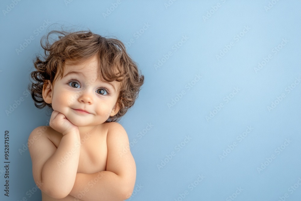 Adorable Curly-Haired Toddler with Blue Eyes Posing Against Light Blue Background Adorable Curly-Haired Toddler with Blue Eyes Posing Against Light Blue Background