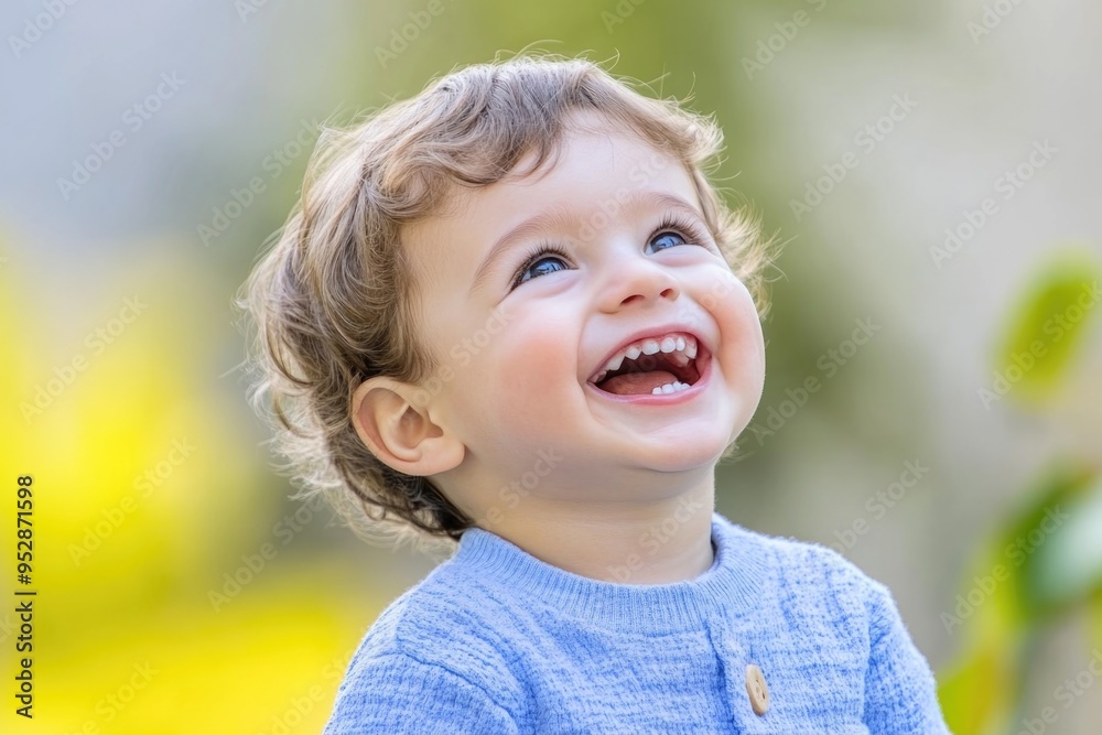 Joyful Baby Boy Laughing Outdoors in Bright Sunshine and Natural Background