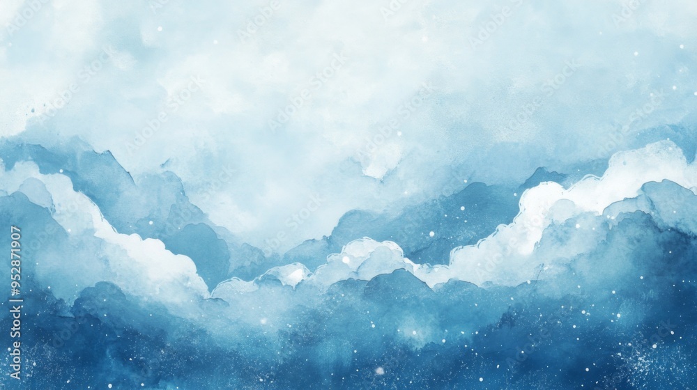 Clouds and sky watercolor hand drawn illustration. Abstract blue snowflakes winter watercolour background. Sky pattern with snow. Light blue watercolour paper texture background. Clouds and sky watercolor hand drawn illustration. Abstract blue snowflakes winter watercolour background. Sky pattern with snow. Light blue watercolour paper texture background.
