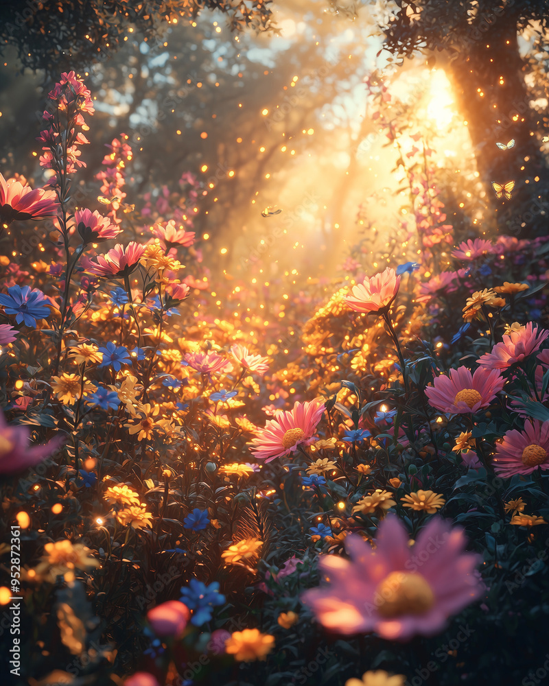 Fototapeta premium glowing, field, vibrant, flowers, golden, sunlight, magical, particles, tranquil, forest, nature, landscape, flora, outdoors, beauty, peaceful, calm, colorful, bloom, wildflowers, enchanting, serene, 