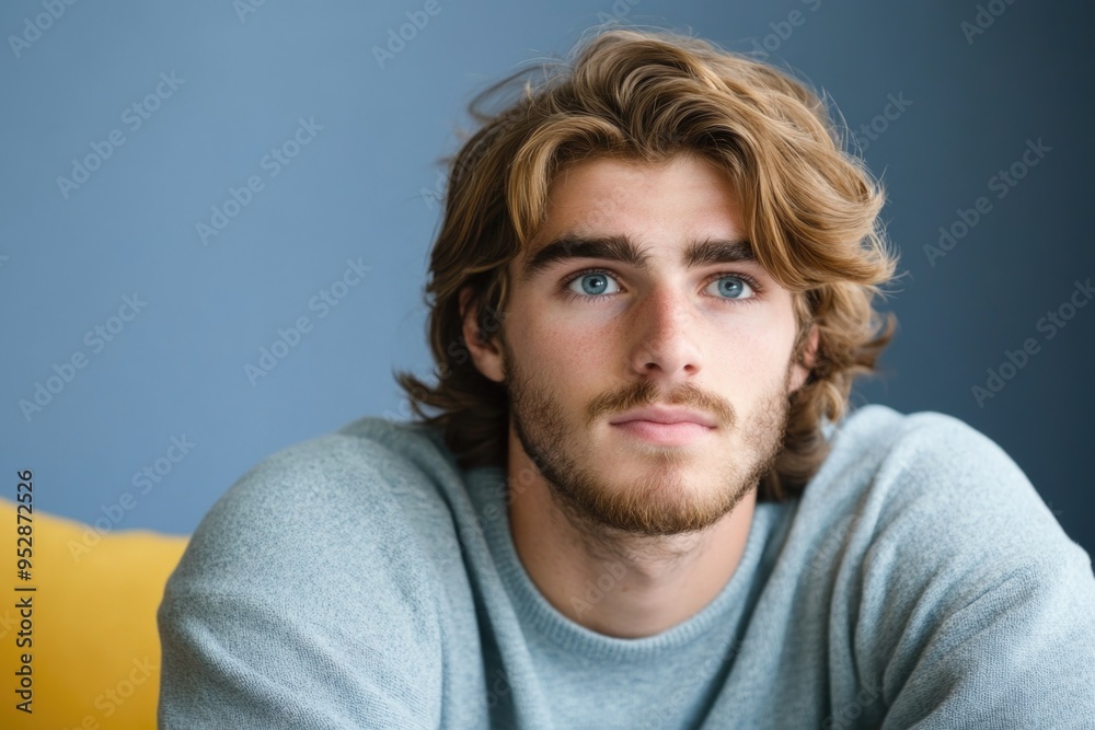 Young Man with Blue Eyes and Wavy Hair in Casual Sweater Poses Against Blue Background Young Man with Blue Eyes and Wavy Hair in Casual Sweater Poses Against Blue Background