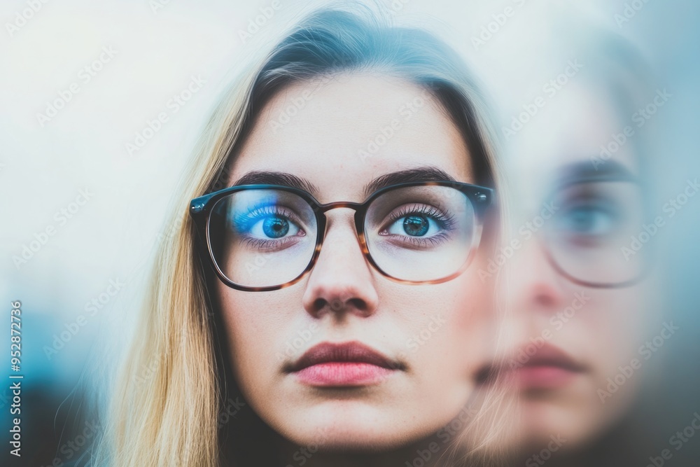 Young Woman with Glasses Reflecting Thoughtful Expression Through Glass Young Woman with Glasses Reflecting Thoughtful Expression Through Glass
