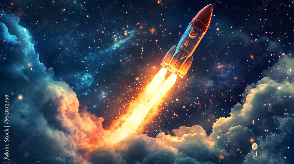 A Rocket Launch Through A Starry Sky A Rocket Launch Through A Starry Sky