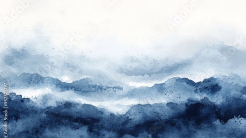 Clouds and sky watercolor hand drawn illustration. Abstract blue snowflakes winter watercolour background. Sky pattern with snow. Light blue watercolour paper texture background.