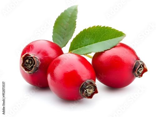 rose hip berry with leaf isolated on white background