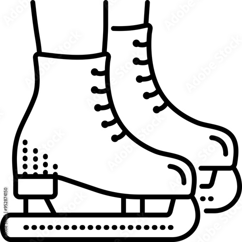 Two black line ice skates shoes on feet, ice skating icon. Vector monochrome illustration, editable stroke