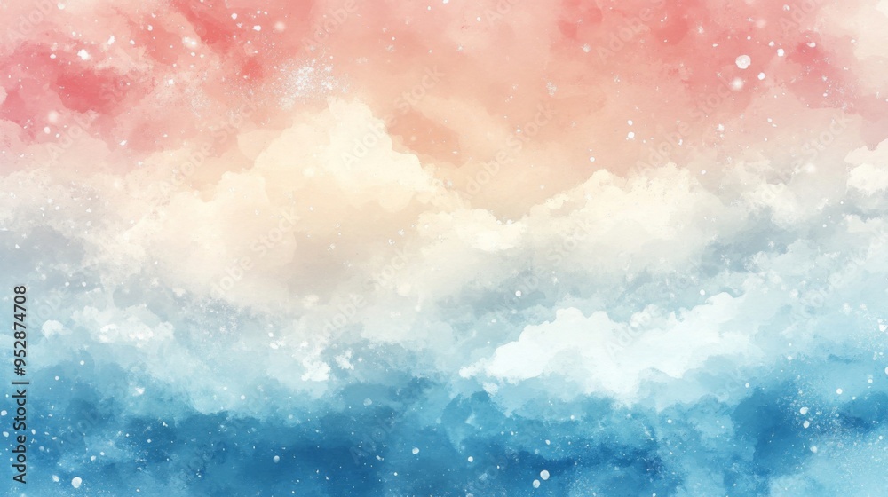 Fototapeta premium Clouds and sky watercolor hand drawn illustration. Abstract blue snowflakes winter watercolour background. Sky pattern with snow. Light blue watercolour paper texture background.