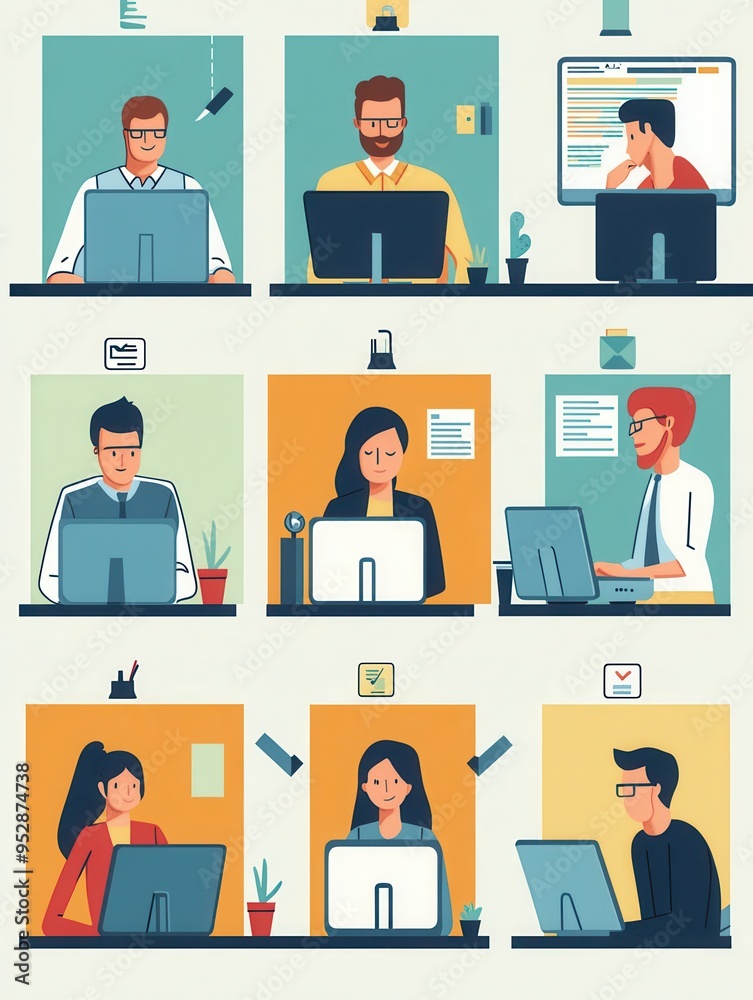 A diverse group of people focus on their computer screens, engaged in various tasks in a collaborative workspace setting. Generative AI A diverse group of people focus on their computer screens, engaged in various tasks in a collaborative workspace setting. Generative AI